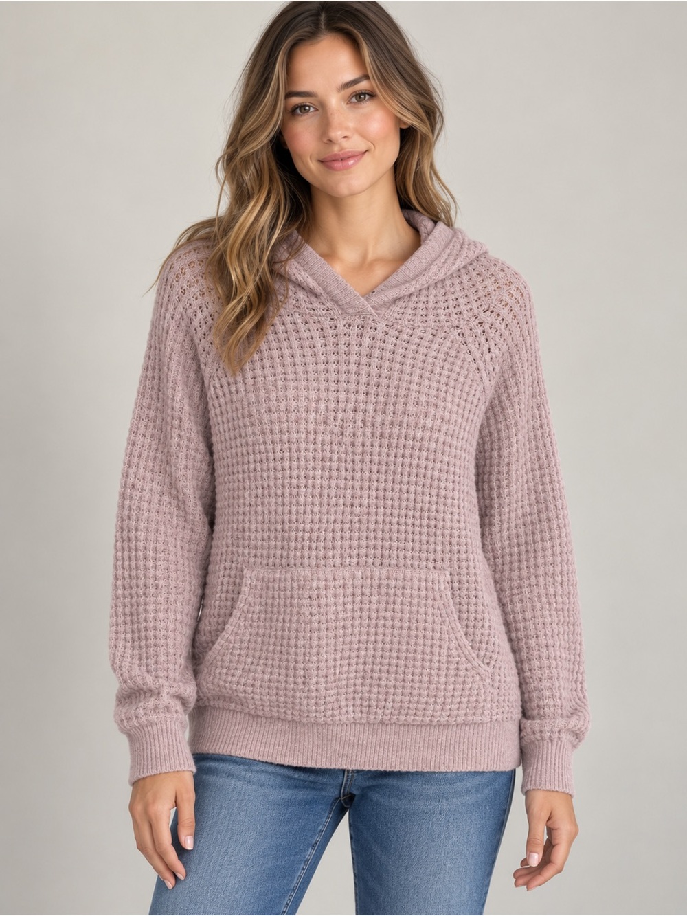 For the Republic Dusty Mauve Waffle Knit Hoodie Sweater